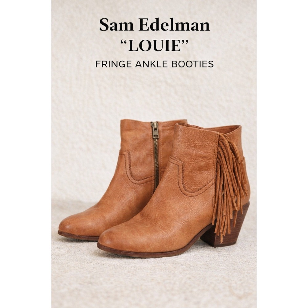 Sam Edelman Louie Fringe Leather Ankle Boots Western Boho‎ Honey Brown Size 10.5